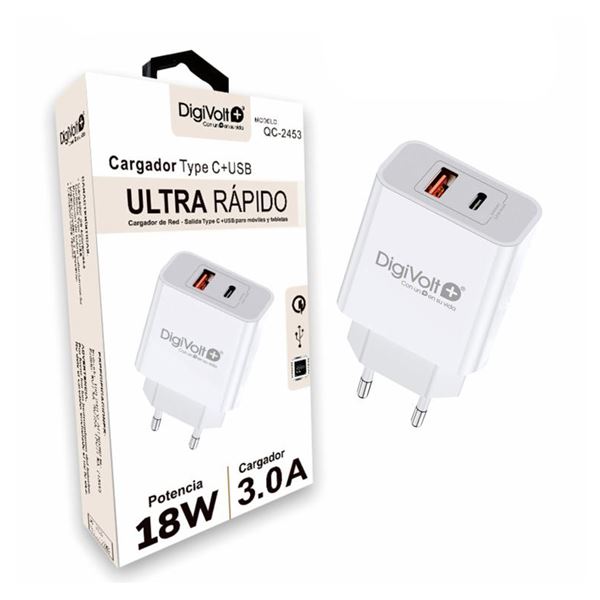 Digivolt Cargador Ultra Rápido Type C y USB 18 W 3.0 A QC-2453